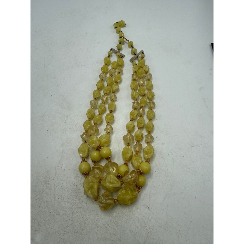 Vintage W Germany Triple Strand Yellow Beaded Necklace Marbled Statement